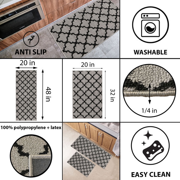 Black Tan Wool Effect Arabesque Kitchen Mat & Runner Rug Set of 2