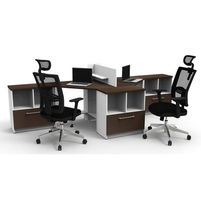 Ladesha 2 Person L-Shaped Synthetic Laminate Reception Desk with Filing Cabinet and Chair Set