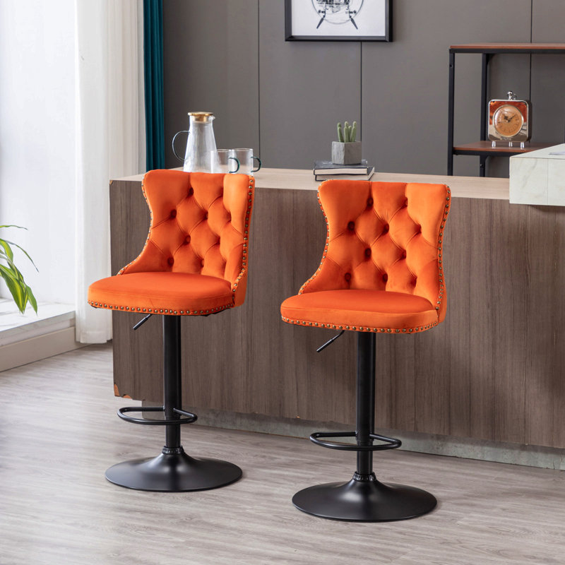 Adjusatble Height Swivel Velvet Barstools With Black Metal Base,Set Of 2, Orange, Black
