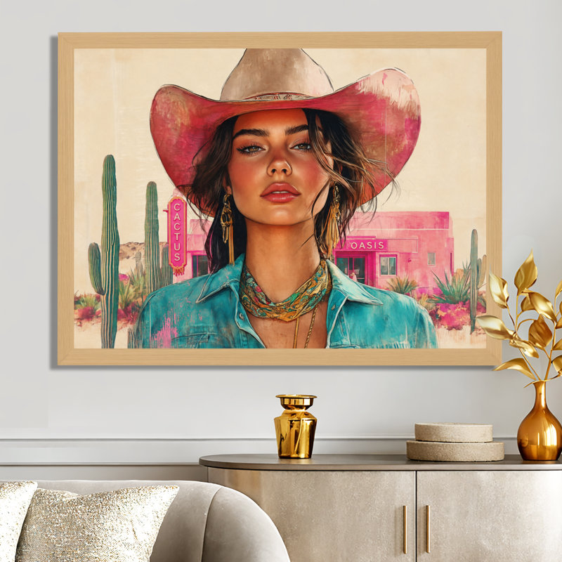 Portrait d'une cowgirl dans un motel du désert - Décoration murale sur toile de style western, H 24 po x l 32 po