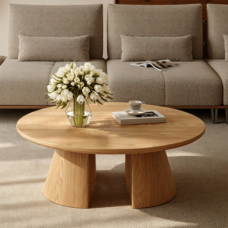 Table basse ronde de 99 cm (39 po) en bois naturel, table centrale moderne sur pied avec plateau en placage lisse pour salon