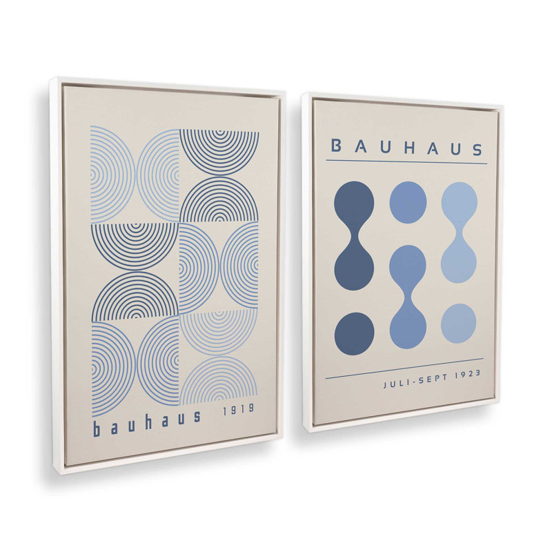 Bauhaus Flow and Composition en bleu I, ensemble de 2, H 19 po x l 26 po, Cadre flottant blanc opaque