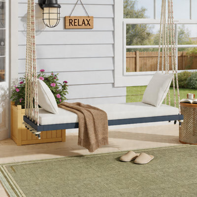Balancelle de patio grise en bois, banc de balancelle suspendu avec coussin et coussins, cordes en chanvre de 10,8 pi pour le jardin, la cour et la pelouse
