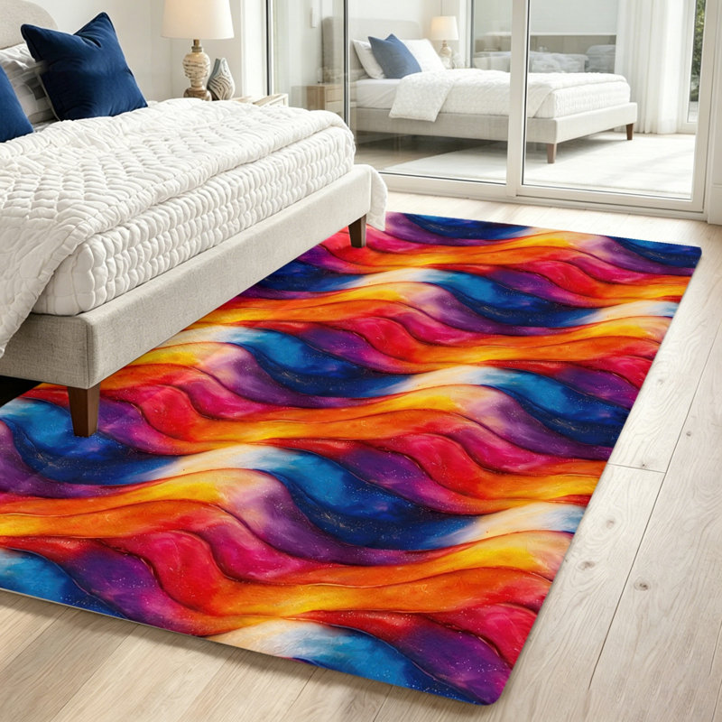 Abstract Wave Area Rug, Vibrant Colors Floor Protector, Artistic Design Non-Slip Machine Washable Shag, Indoor Mat for Living Room Bedroom Entryway Home Office Dining Spaces