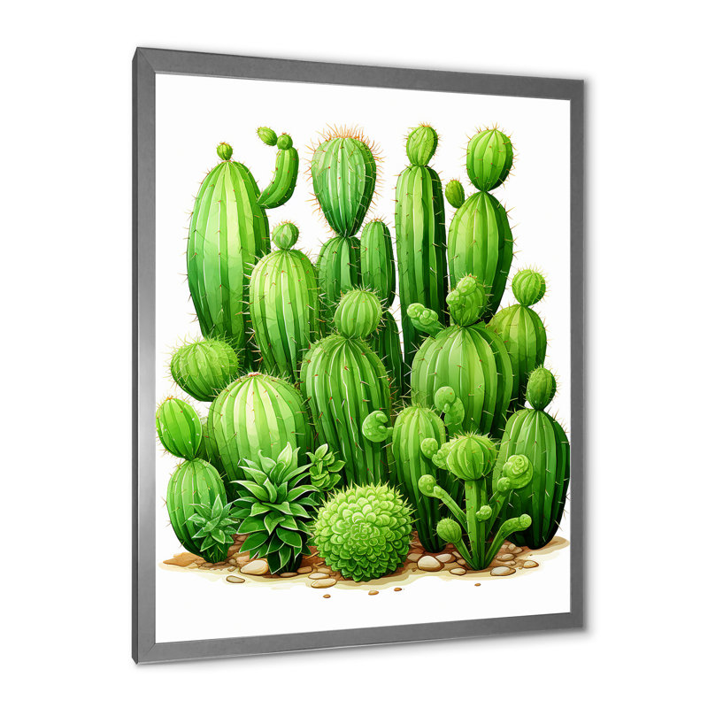 Cactus vert, désert I, H 20 po x l 12 po x P 1 po, Cadre simple argenté