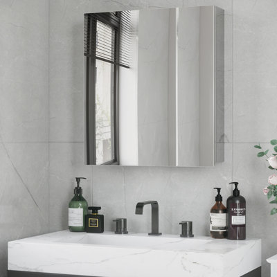 Bathroom Wall Cabinet With Mirror - Stainless Steel Build For And Storage Finish