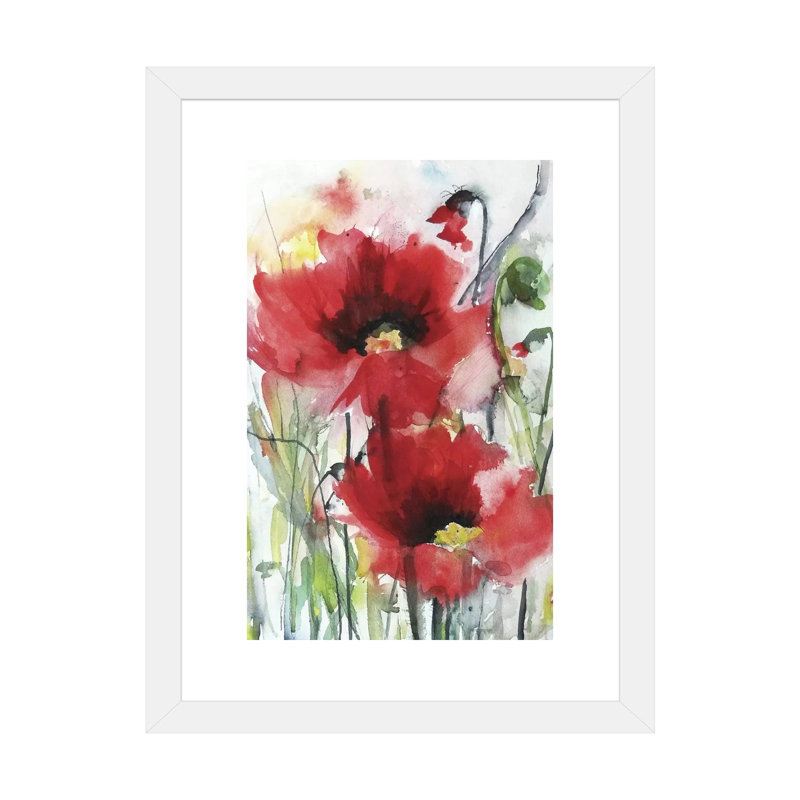 «Red Poppies» par Karin Johannesson - impression d'art graphique, H 24 po x l 16 po x P 1 po, Papier encadré blanc