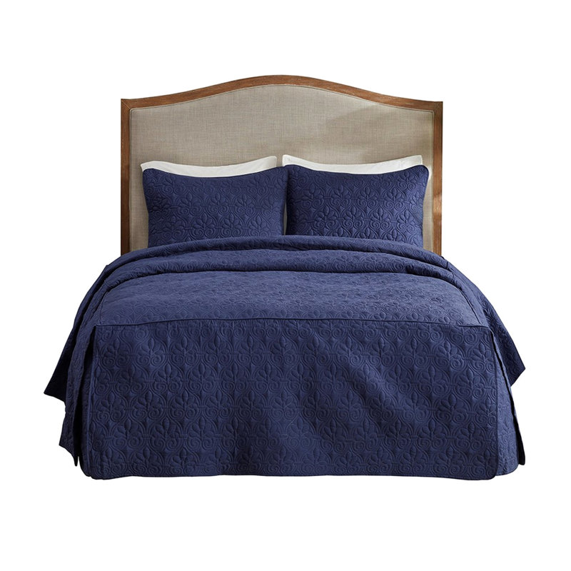 Couvre-lit bleu marine très grand - 3 pièces en coin, surface en microfibre douce avec coins plissés, rembourrage à 100%