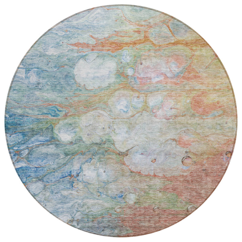 Tapis intérieur rond lavable abstrait bleu cuivré 8 pi