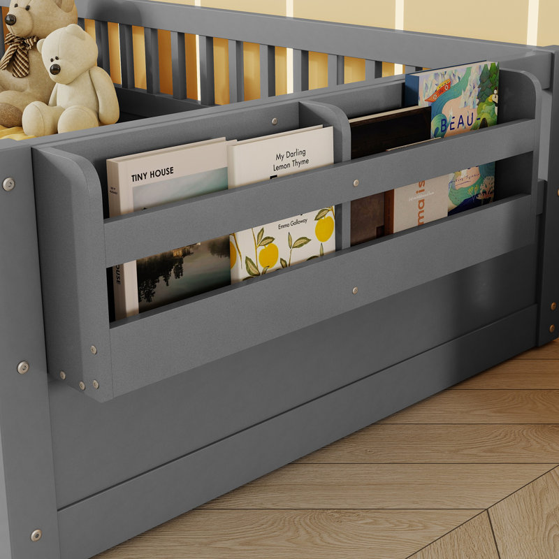 Rivvi Montessori Floor Bed With High Guardrails, LED Light And Storage Shelf, Gray, Twin