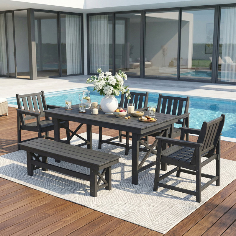 Ensemble de salle à manger de patio 6 pièces avec table de salle à manger en PEHD toutes saisons, 4 chaises et banc, blanc