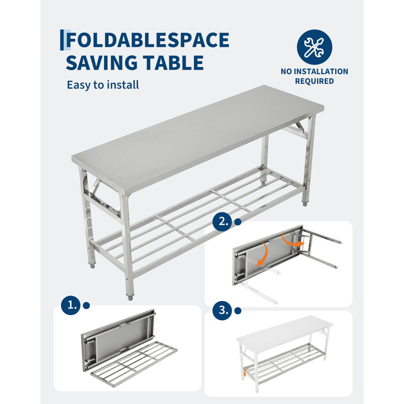 Table de travail commerciale pliante en acier inoxydable avec tablette ， 48 x 30 pouces Table de travail portative pour la cuisine,