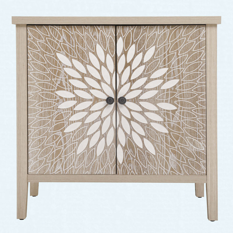 2-Door Carved Storage Cabinet – Wooden Accent Cabinet With Adjustable Shelf, Scratch-Resistant & Anti-Tip Design, Natural