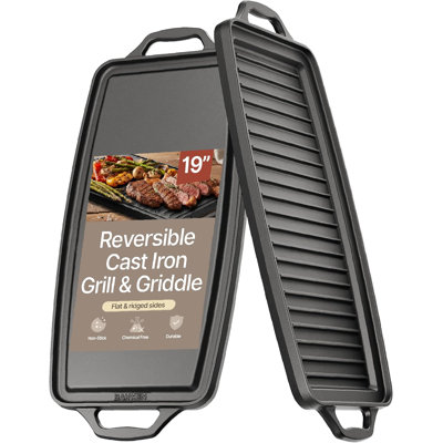Bakken 19” Reversible Cast Iron Griddle, Flat & Grill Side, Dual Burner Cooking Plate For Pancakes, Meats & Veggies, Pre-seasoned, Nonstick, Oven & Campfire Safe, Heavy-duty Griddle Top With Mitt