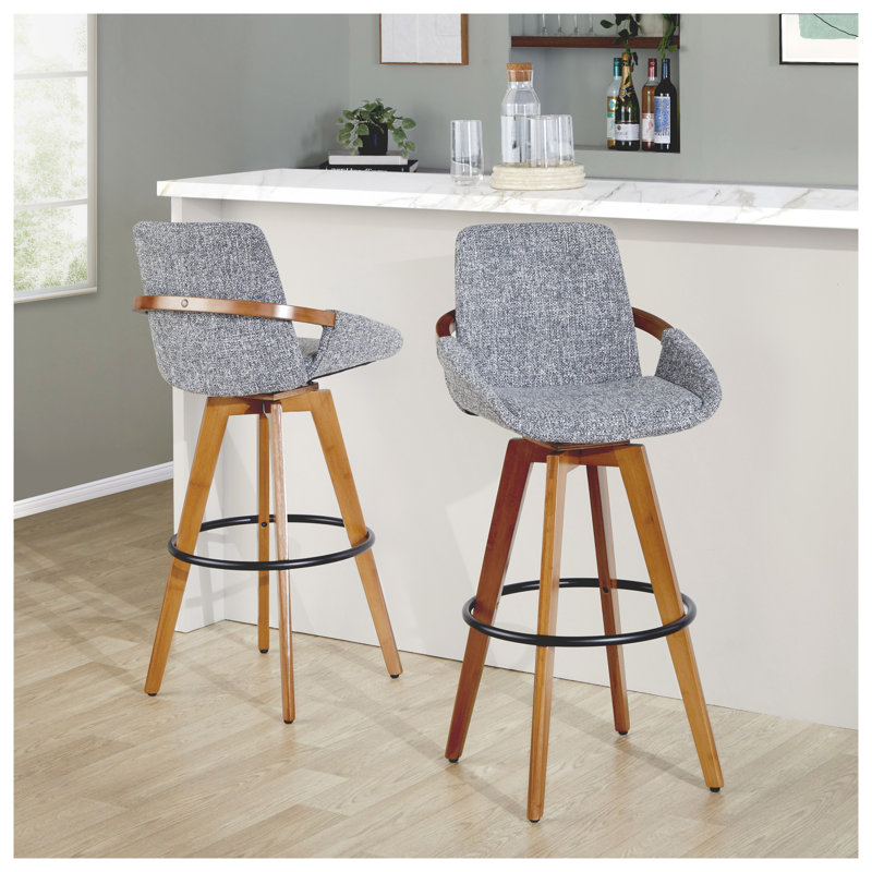 Tabouret 29 "de hauteur fixe avec pivot en bambou noyer et tissu gris avec repose-pieds rond en métal noir