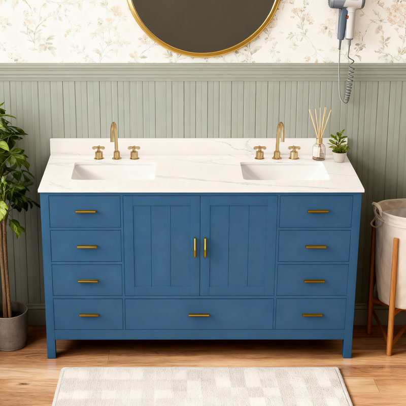 Meuble-lavabo en bois massif 60 po avec 2 lavabos 60 po