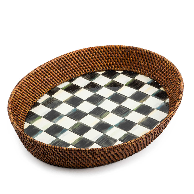 Large Black and White Checkered Rattan Serving Tray