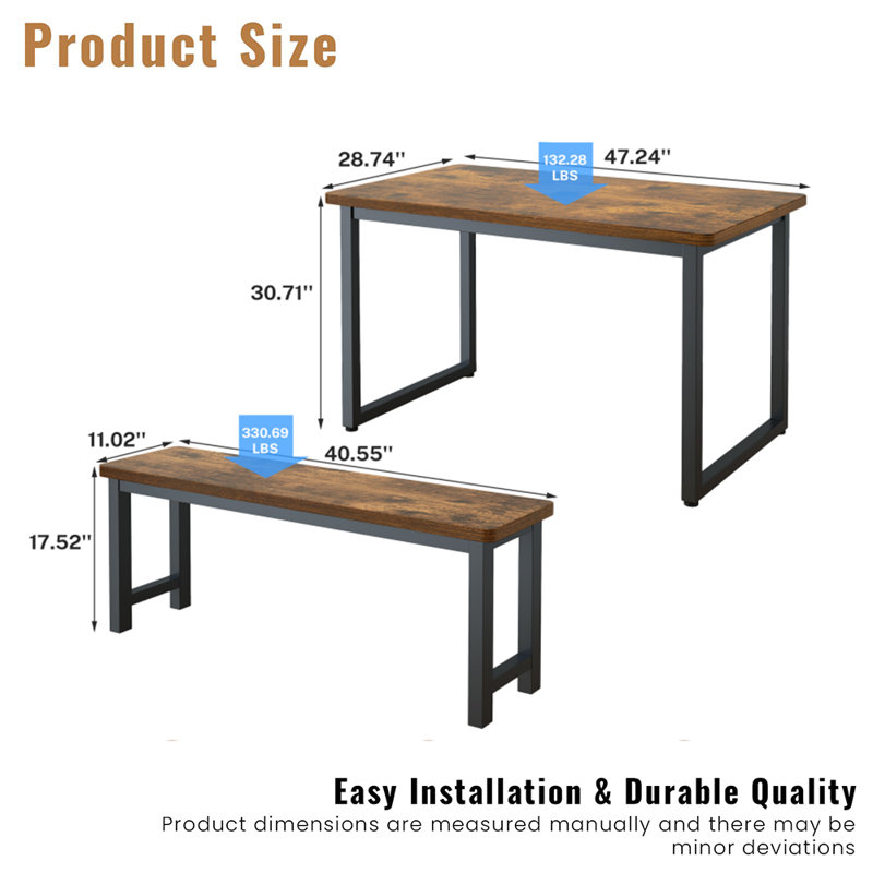 Dining Room Table Set with 2 Benches, Farmhouse Dining Table Set For 4, Wood Breakfast Table Set