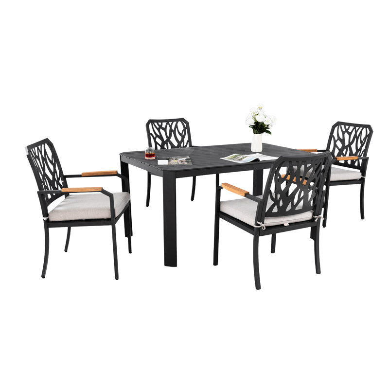 Ensemble de salle à manger 5 pièces pour patio extérieur moderne en aluminium, 4 chaises avec découpes inspirées de la nature, coussins en fonte d'argent, pieds de table triangulaires et couvercle de trou de parasol 5Pc