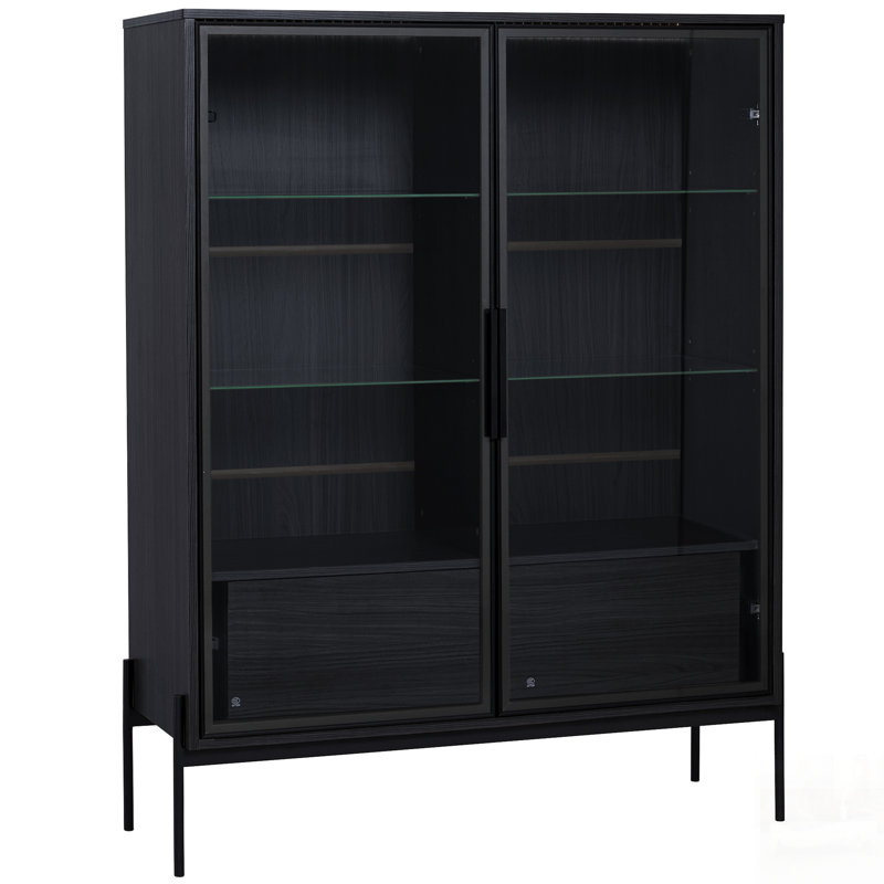 Freestanding Display Cabinet With 2 Storage Drawers, Glass Doors, 4-Tier Adjustable Shelves, And LED Light For Living Room, Kitchen, Office