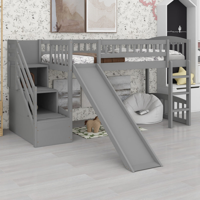 Lit mezzanine avec deux tiroirs et glissade, Gris