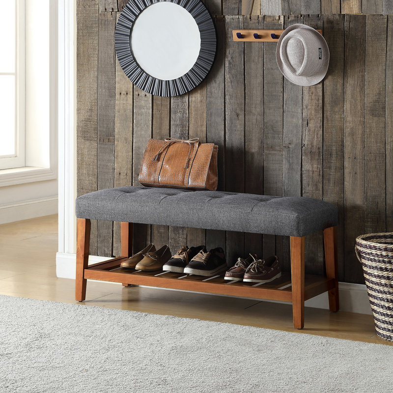 Warwickshire 40" Modern Tufted Storage Bench with Slatted Shelf - Soft Polyester Upholstery & Solid Oak Tapered Legs, Walnut