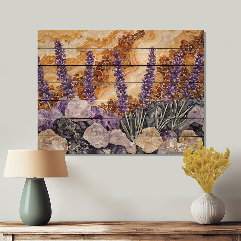 Velours d'été lavande Meadows sur agate II - Décoration murale traditionnelle en bois sur bois de pin naturel