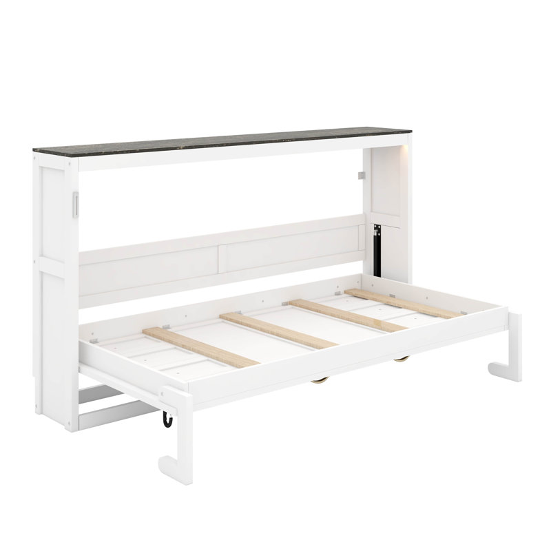 Lit escamotable simple avec lumière DEL, peut être plié dans une armoire, Blanc/brun