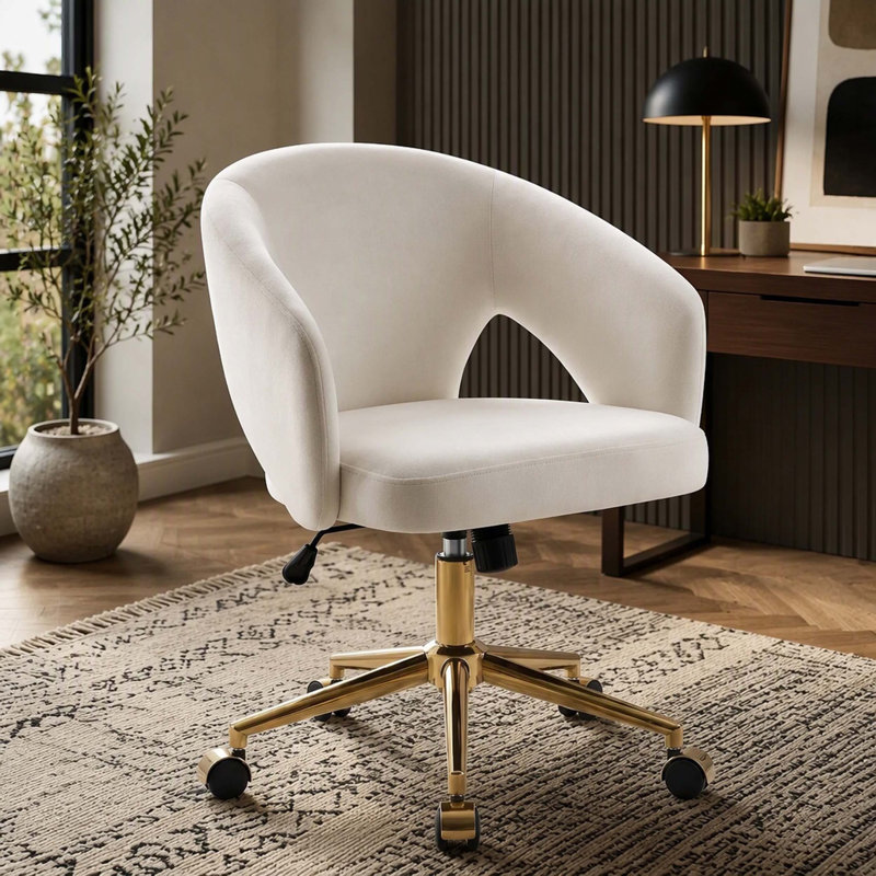 Fauteuil de bureau réglable, chambre à coucher à domicile, fauteuil pivotant ergonomique, siège à dossier, siège confortable, base dorée, blanc