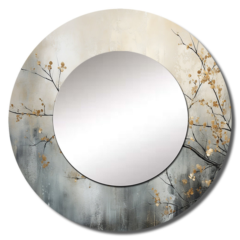 Arbre, arbre, éthéré, Reverie I - miroir mural monochrome, miroir décoratif rond doré, impression d'art en métal