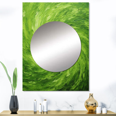 Green Serene Spiral Dreams IV - miroir abstrait en spirale, miroir mural vert unique, impression d'art en métal