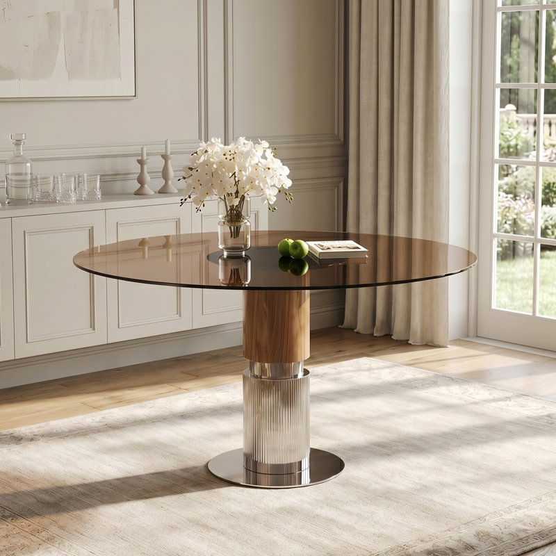 Table de salle à manger ronde en verre trempé de 35 po, pieds en acier inoxydable, pouvant accueillir 2 à 4 personnes, petite table ronde brune foncé pour les restaurants et les appartements