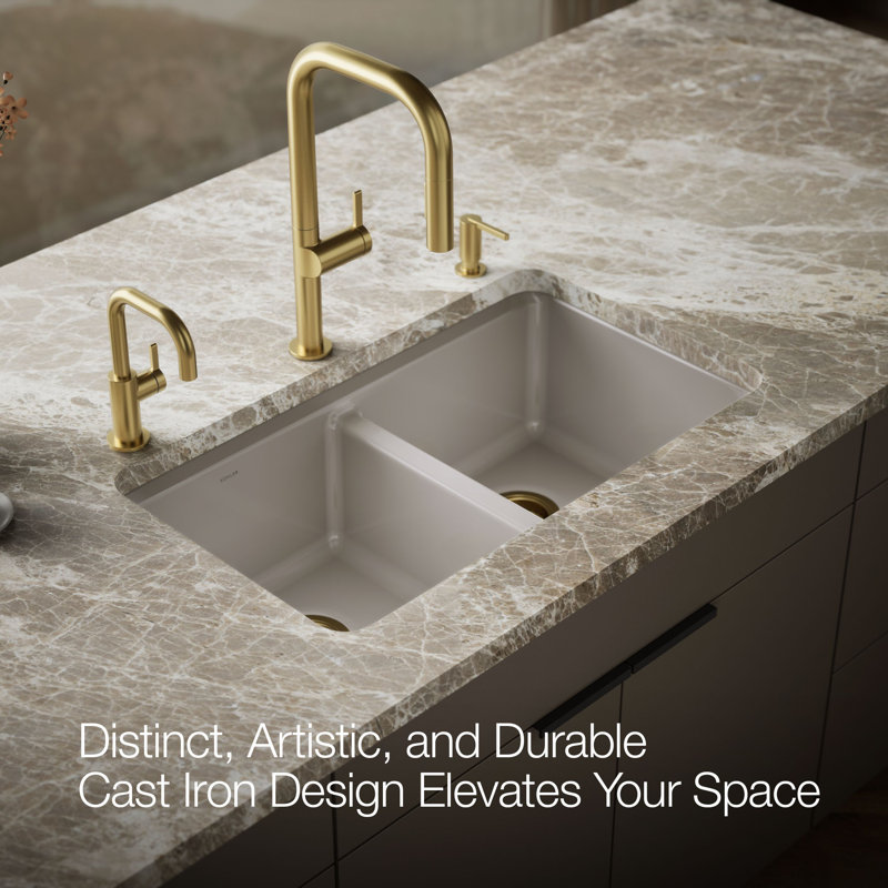 Riverby® 33" x 22" x 9.625" Under-Mount Double-Equal Kitchen Sink with Accessories and 5 Oversized Faucet Holes, Truffle