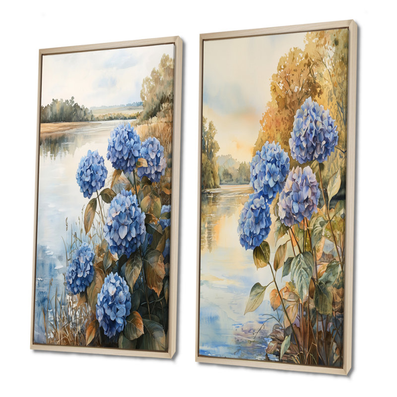 Hydrangeas par The Riverbank I - Collection de 2 panneaux de toiles florales, H 32 po x l 33 po, Cadre crème crème