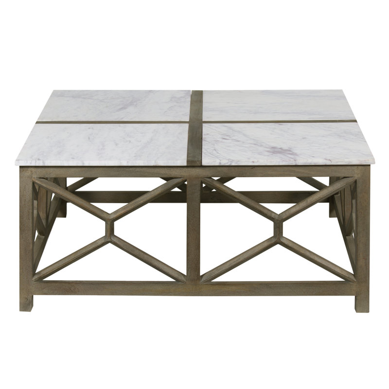 Karlotte Coffee Table, 40 Inch Square White Genuine Marble Top, Sandblasted Washed Ash Gray Mango Wood Geometric Frame