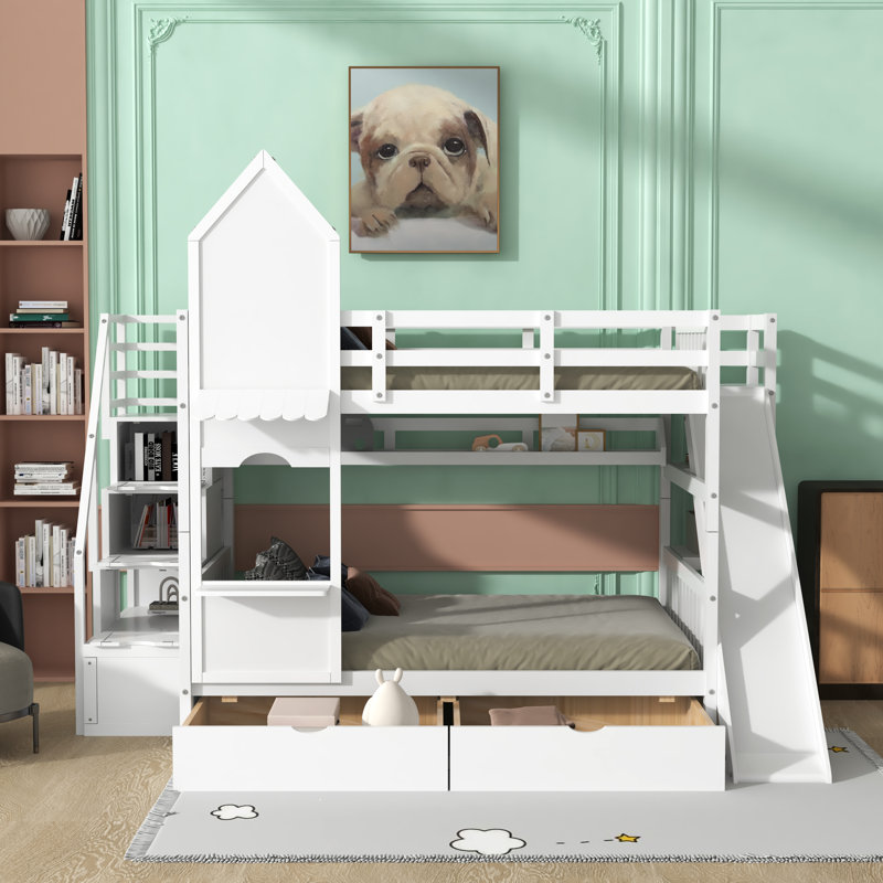 Beacan Kids Twin Over Twin Bunk Bed with Drawers, White, Full Over Full