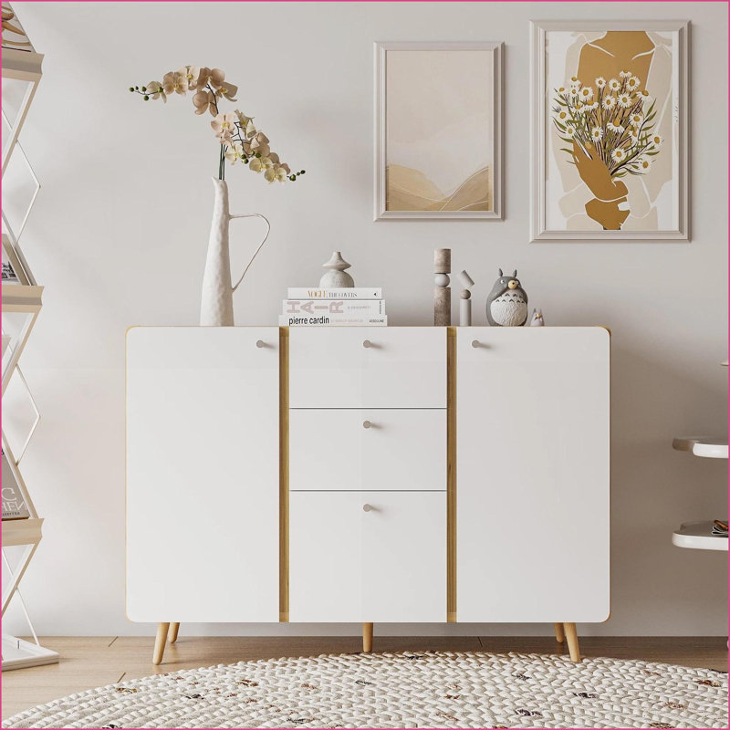 Buffet buffet de 47,24 po avec 3 tiroirs et 2 portes, tablettes réglables | Panneau de particules + panneau de fibres à densité moyenne