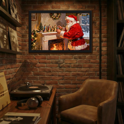 Christmas Santa Claus Decorating Mantel With Nativity Scene