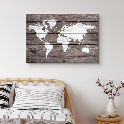 «World Map on White Wood Panels Places Country», reproduction d'art sur toile tendue