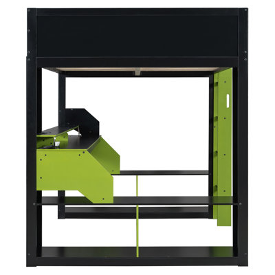 Full Size Wood Loft Bed with Power Outlet, USB/Type-C Ports, Cable Management & RGB Light, Kids Study & Sleep Bunk