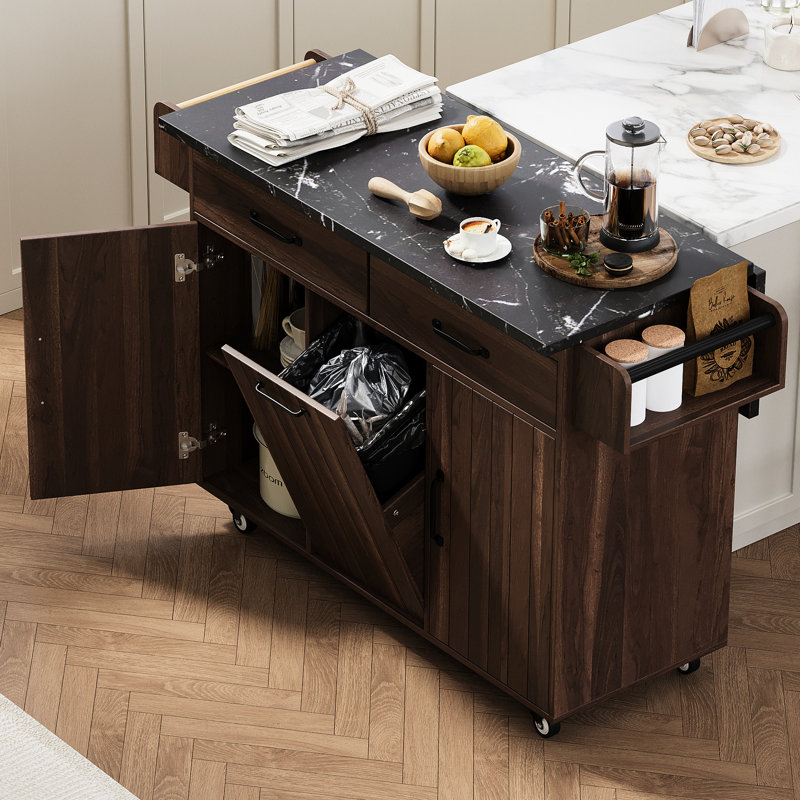 Îlot de cuisine avec compartiment de rangement, poubelle basculante, abattant, tablette réglable, porte-épices, armoire en noyer à 9 étagères -