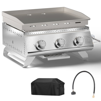 24” Portable Tabletop Griddle with Grill Grate, 24000 BTU Stainless Steel Propane Gas Grill with 3 Burners