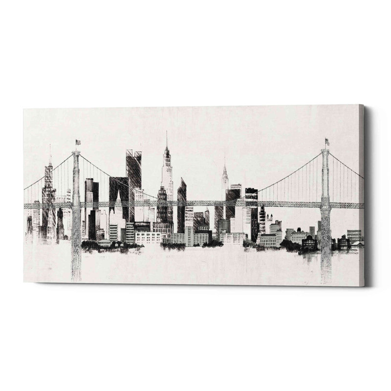 «Bridge And Skyline» par Avery Tillmon, art mural sur toile, H 30 po x l 60 po, Noir / argenté