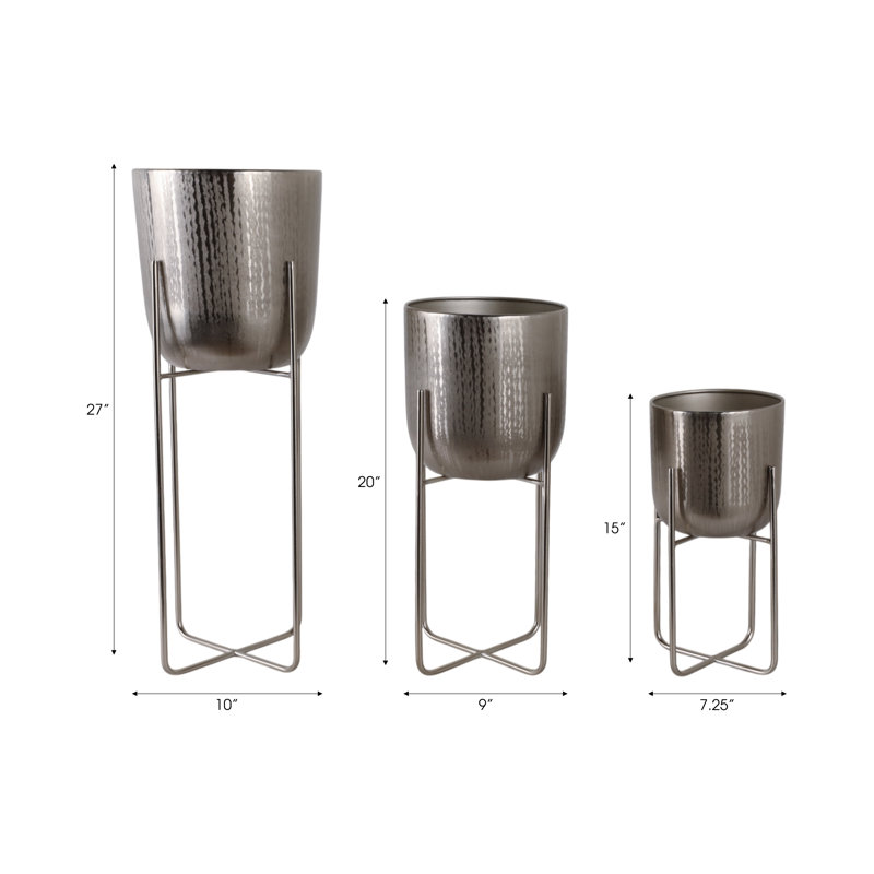 Metal Iron Planter Set With Textured Hammered Design And Modern Geometric Stands, Decorative Accent For Indoor Or Outdoor Display, Set Of 3