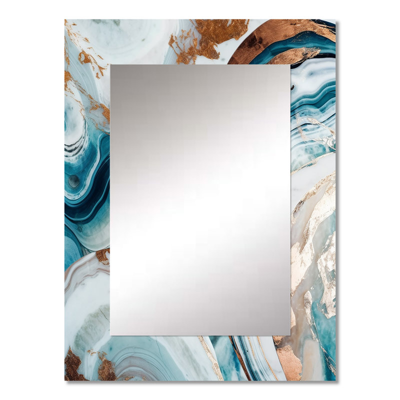Demi-cercle bleu or abstrait V - grand miroir en marbre, décor de miroir mural moderne unique, impression d'art en métal