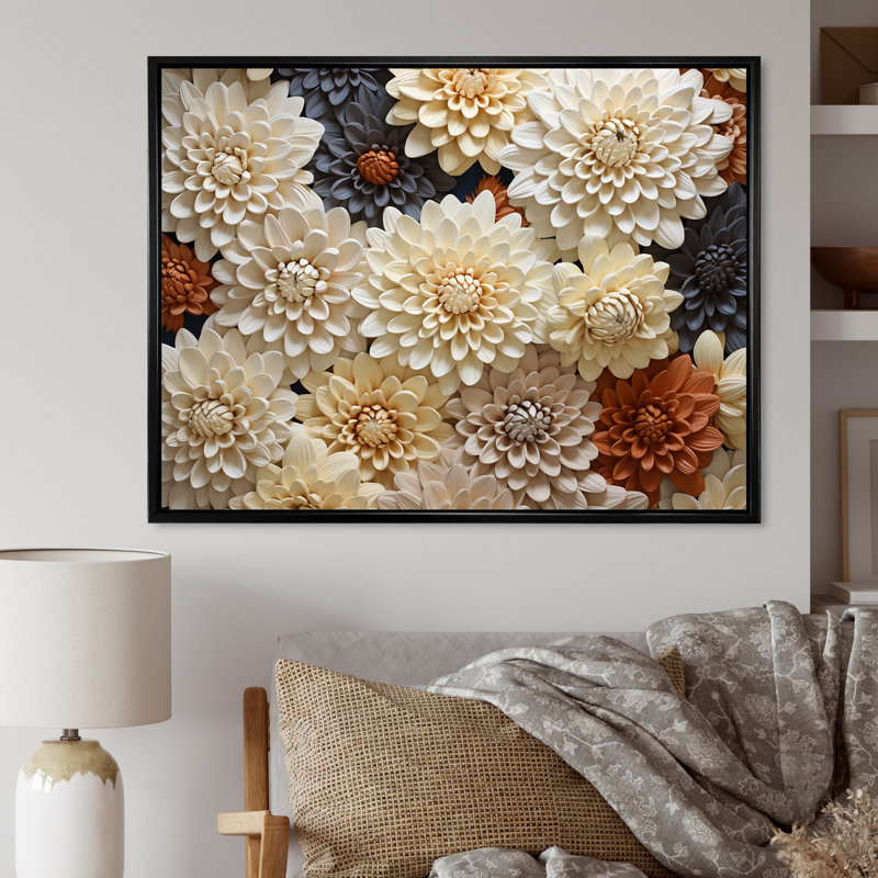 «Chrysanthemums White Mosaic Garden» sur toile, Cadre flottant noir, H 24 po x l 32 po x P 1 po