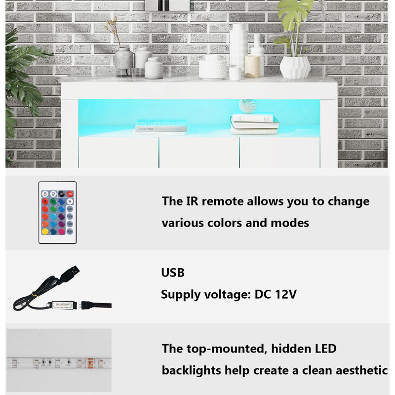 High Gloss White Sideboard Display Cabinet With LED Lights, 3-Door Wood Buffet Cupboard Storage Unit With Remote Control