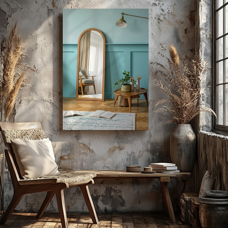 "Toile", créant une scène sereine et inspirante avec un art mural minimaliste avec des murs bleus pastel doux baignés dans une toile naturelle chaude