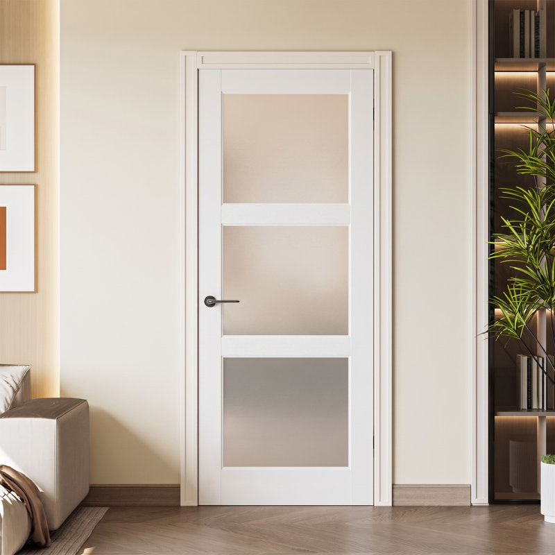 Porte en bois massif en verre givré apprêté 3-Lite 80 po sans cadre ni quincaillerie, 30" x 80"