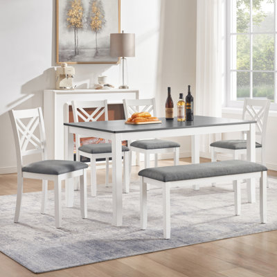 Ensemble de salle à manger de cuisine 6 pièces, table rectangulaire en bois avec 4 chaises rembourrées et un banc, idéal pour un style campagnard moderne